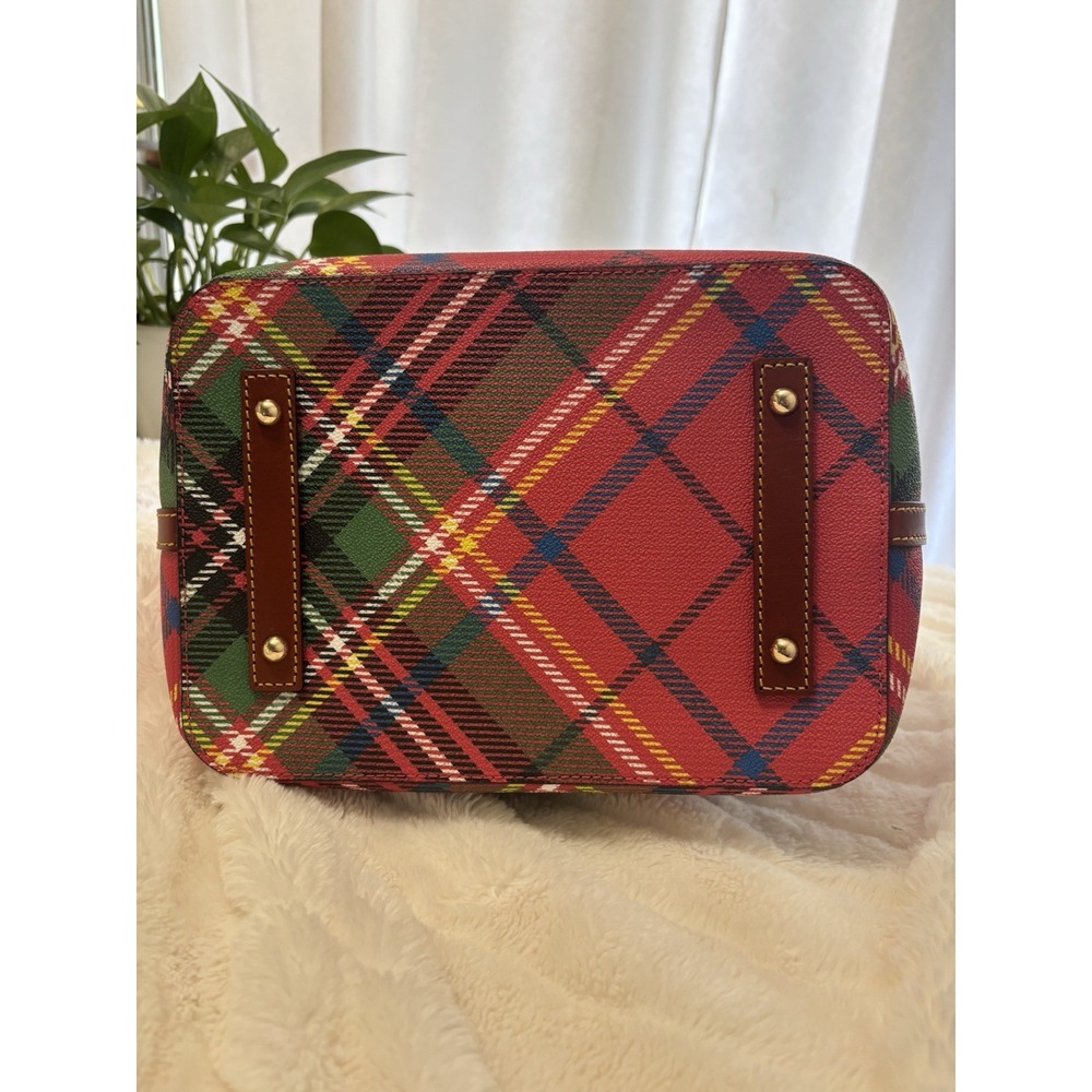 Dooney & Bourke Plaid Bucket Drawstring Shoulder Bag Red Green Tassel Logo - Picture 9 of 16